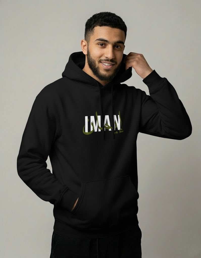 IMAN Hoodie – Front Calligraphy + Back “Take Care of Your Iman” Reminder