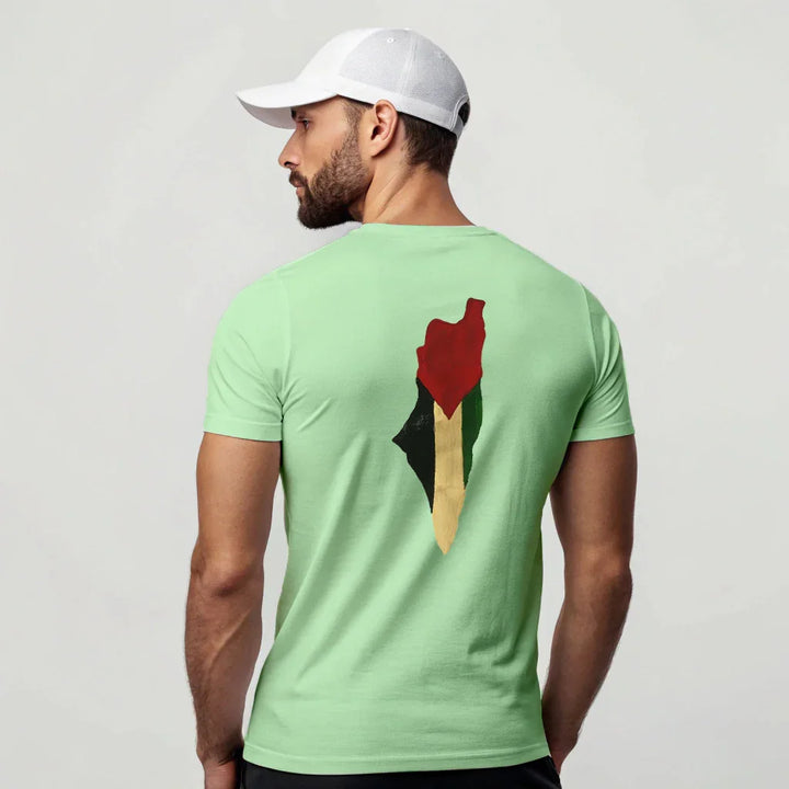 Back Printed T-Shirt – Artistic Palestine Flag (White & Jade) - ZIKRZIBA