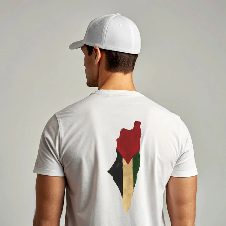 Back Printed T-Shirt – Artistic Palestine Flag (White & Jade) - ZIKRZIBA