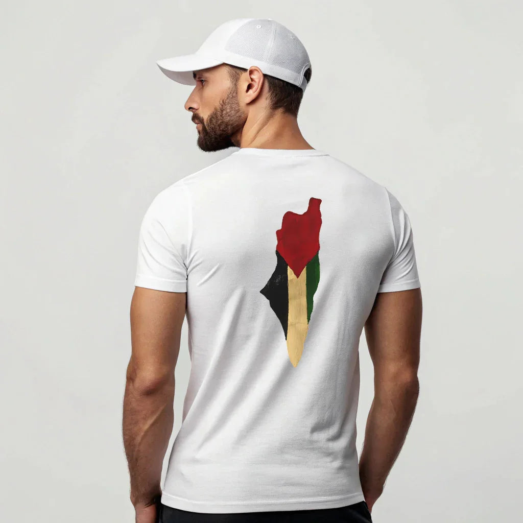 Back Printed T-Shirt – Artistic Palestine Flag (White & Jade) - ZIKRZIBA
