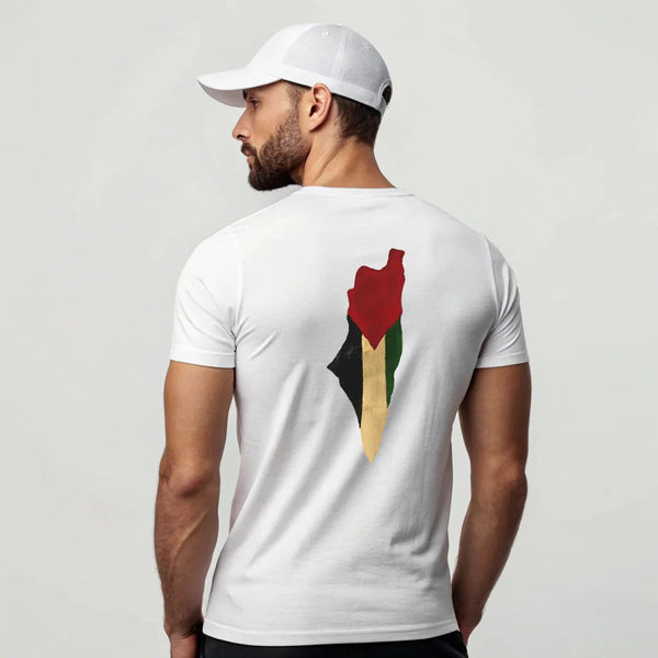 Back Printed T-Shirt – Artistic Palestine Flag (White & Jade) - ZIKRZIBA