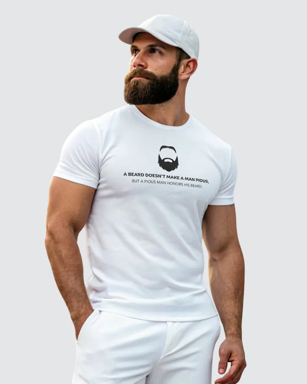 A Pious Man Honors His Beard – Front Printed White Classic Crew T-Shirt - ZIKRZIBA