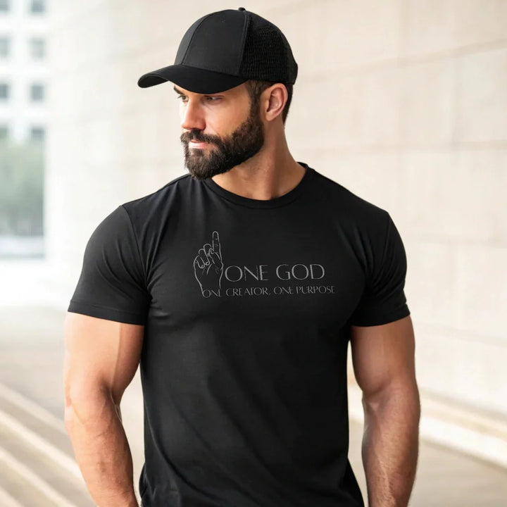 One God – Front Printed Black Classic Crew T-Shirt | “One Creator, One Purpose - ZIKRZIBA